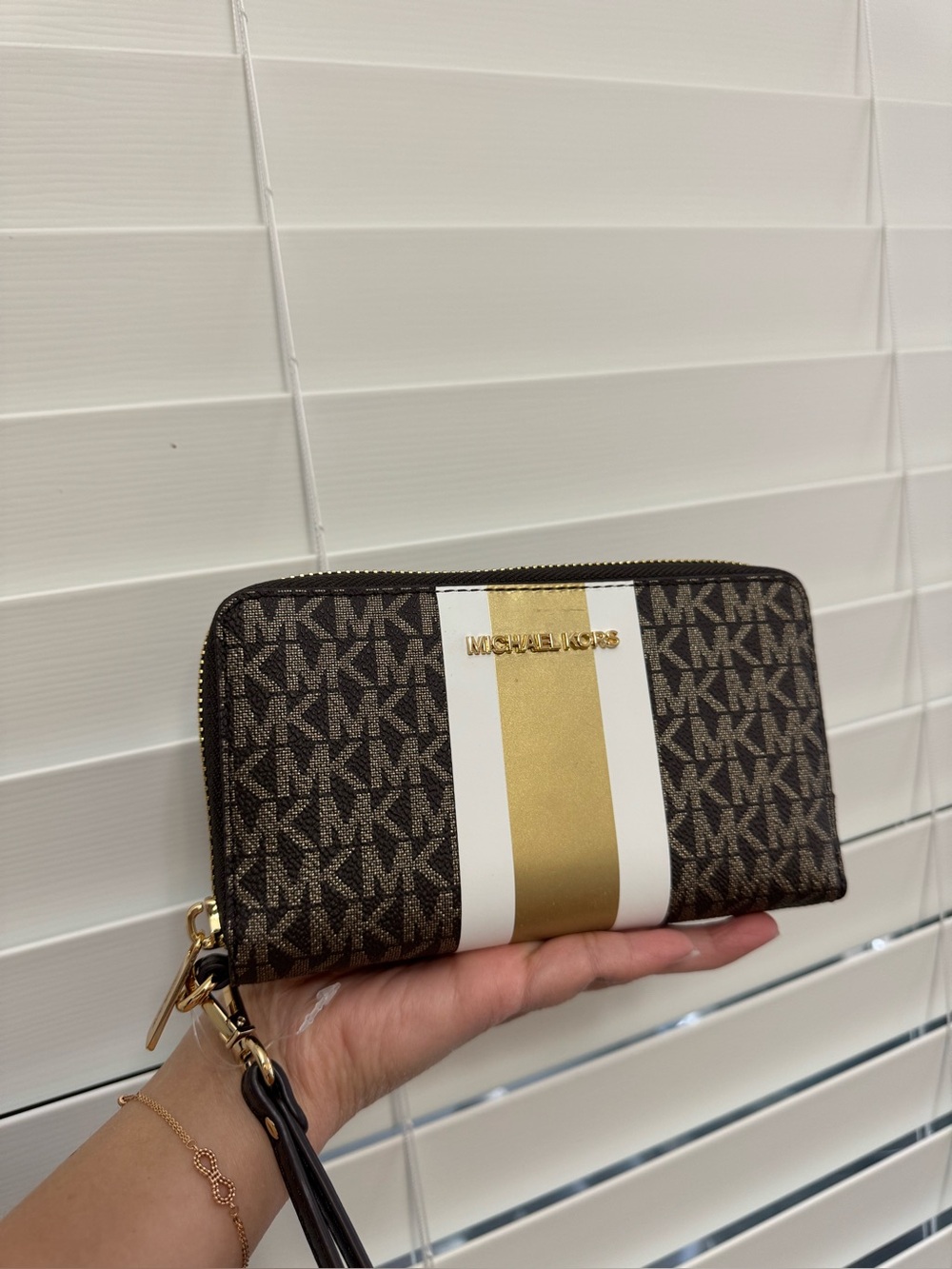 Michael Kors Brown MK Signature Zip Wallet with White and Gold Stripe